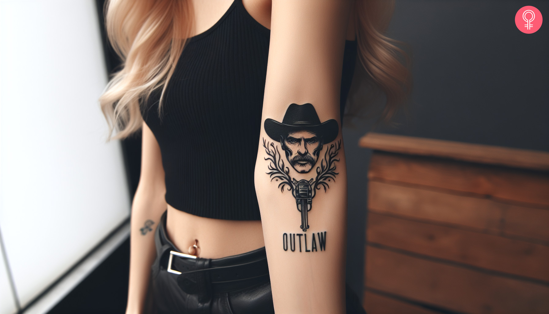 An outlaw text tattoo with a cowboy and a gun inked on the wrist