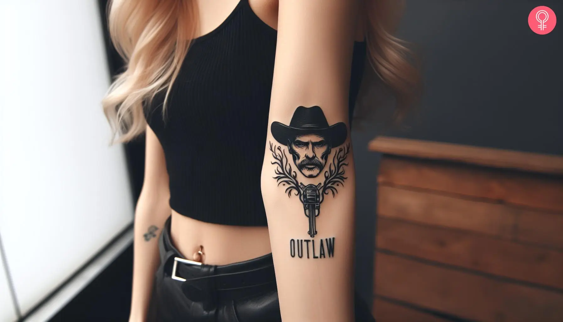 An outlaw text tattoo with a cowboy and a gun inked on the wrist