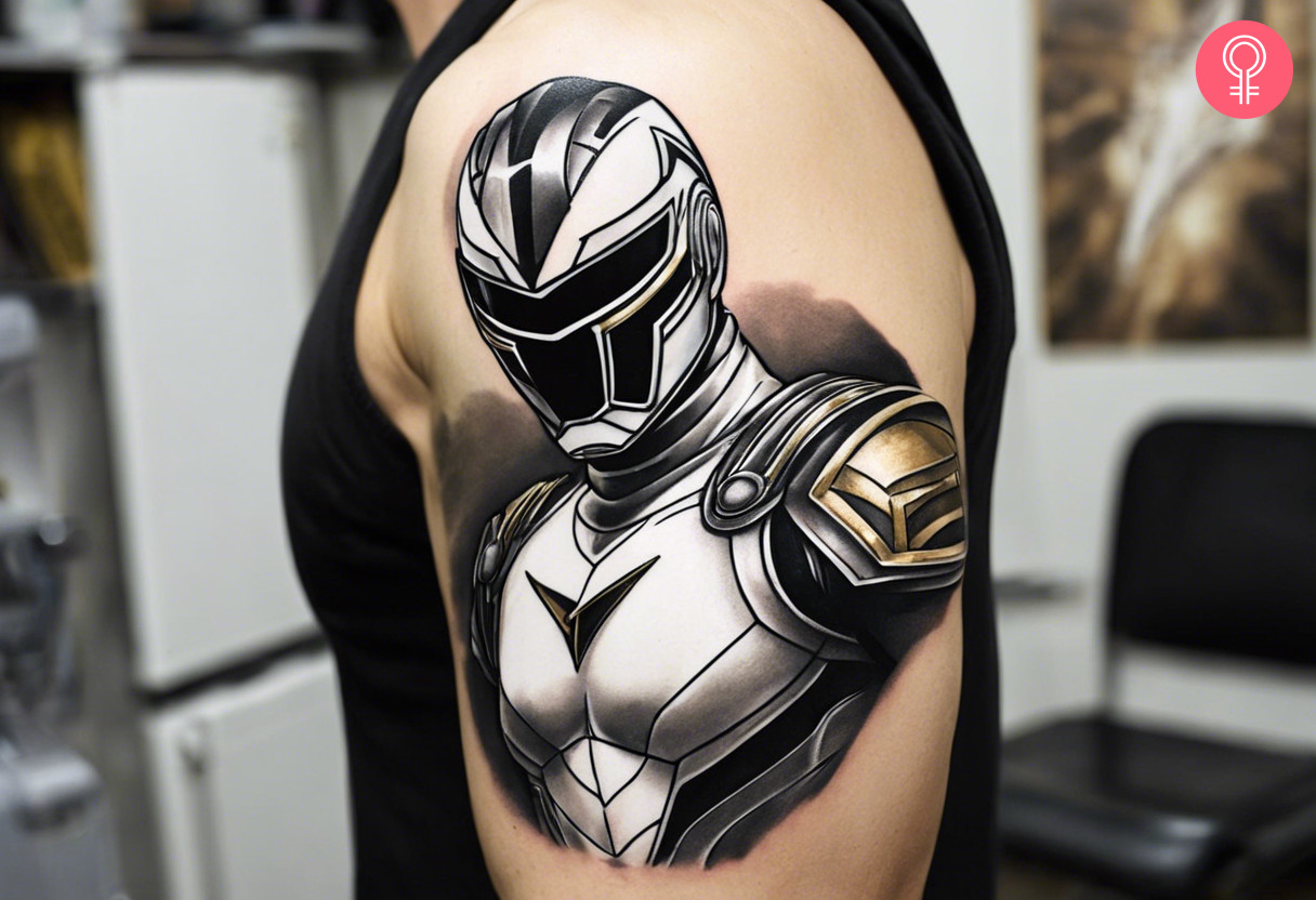 A white Ranger tattoo inked in white, black, and grey