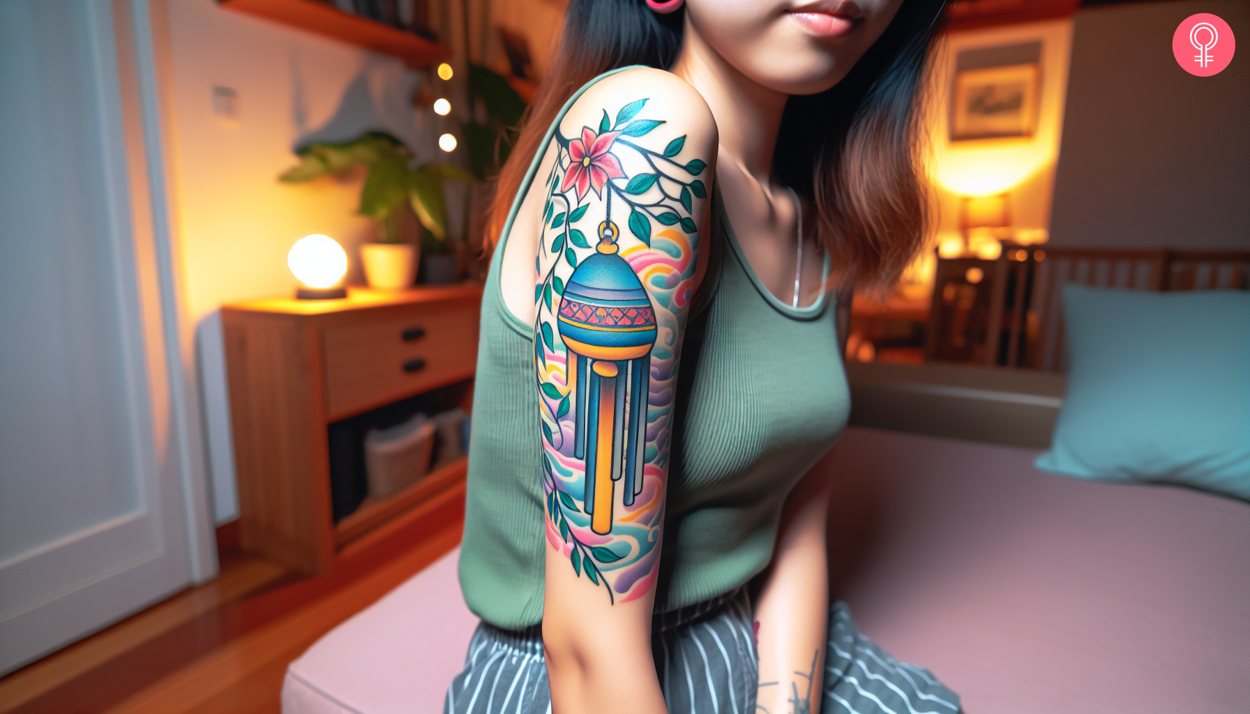 An upper arm tattoo featuring wind chimes in soft pastel colors