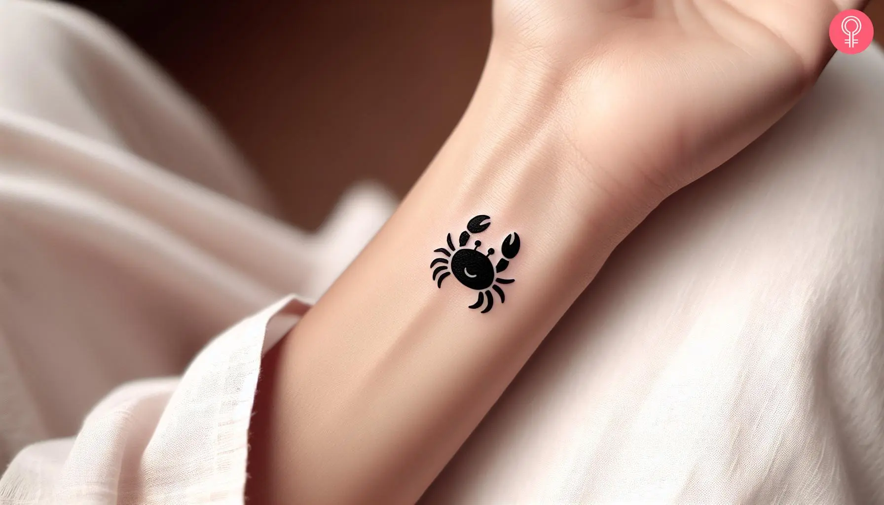 Woman wearing a cancer zodiac tattoo on her wrist