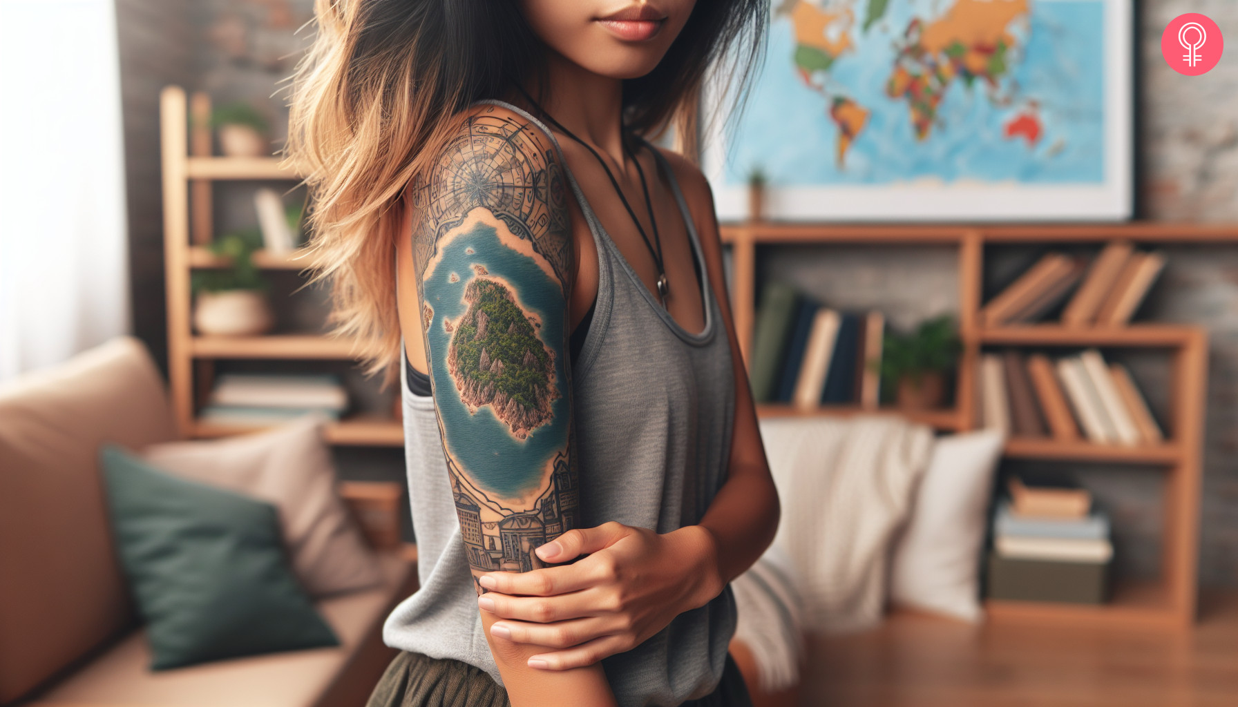 Woman wearing an island sleeve tattoo