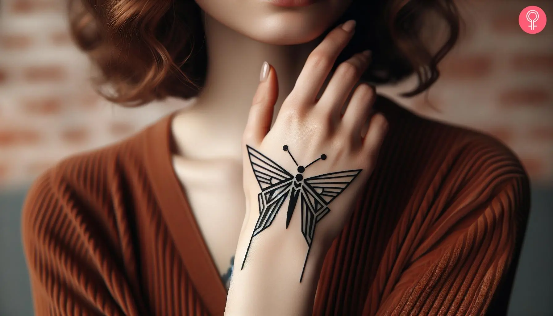 Woman with Art Deco butterfly tattoo on her hand