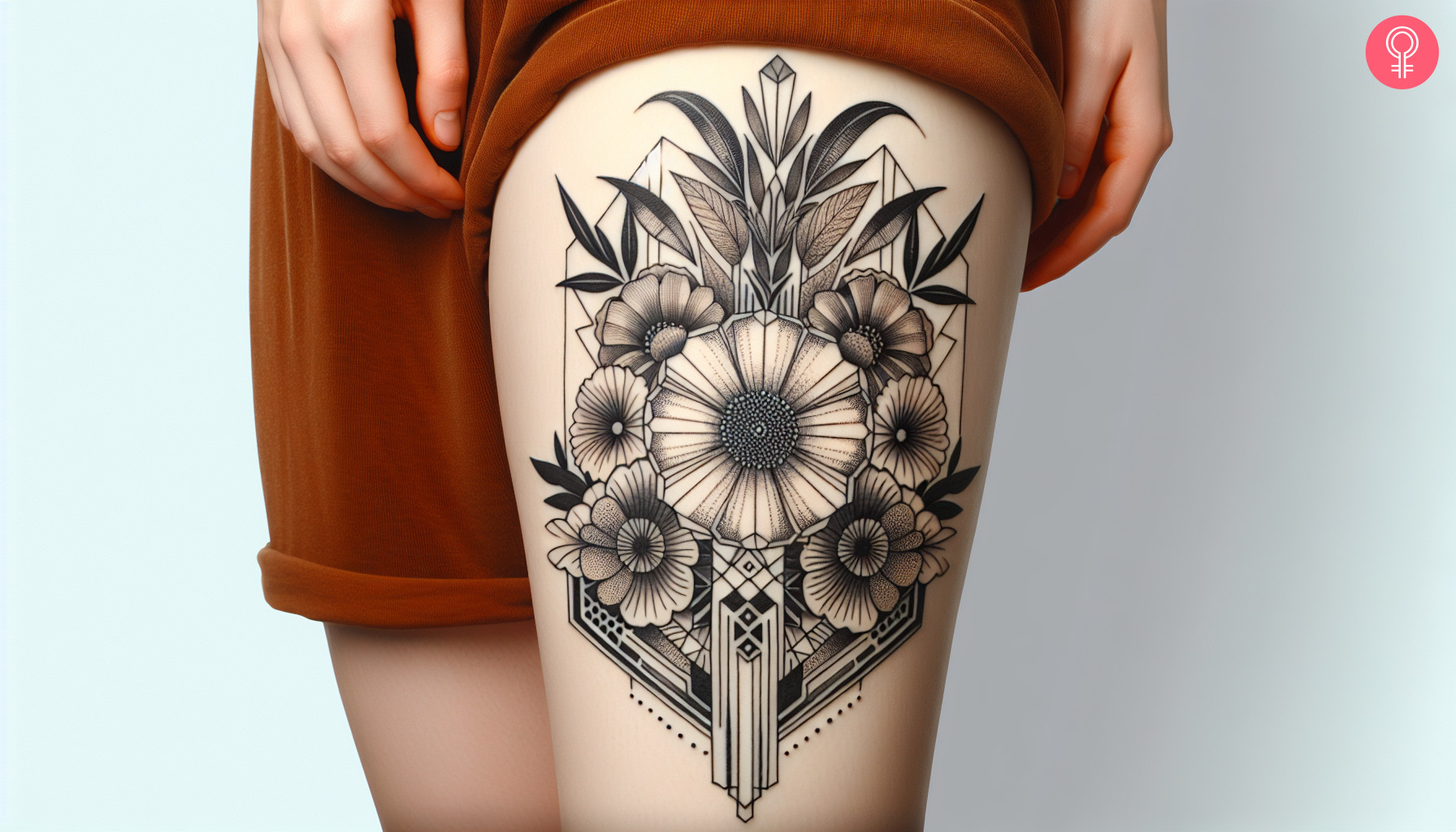 Woman with Art Deco flowers tattoo on her thigh