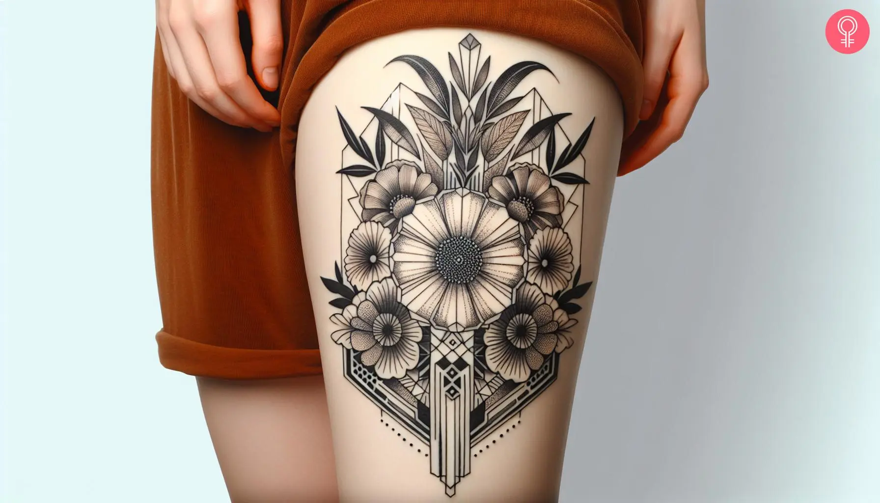 Woman with Art Deco flowers tattoo on her thigh