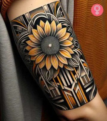 Woman with Art Deco sunflower tattoo on her arm