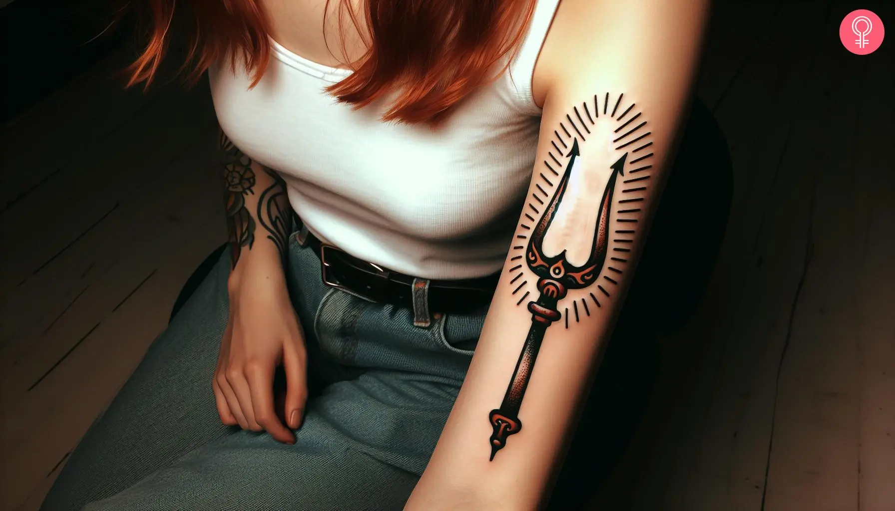 Woman with Hades pitchfork tattoo on her outer arm