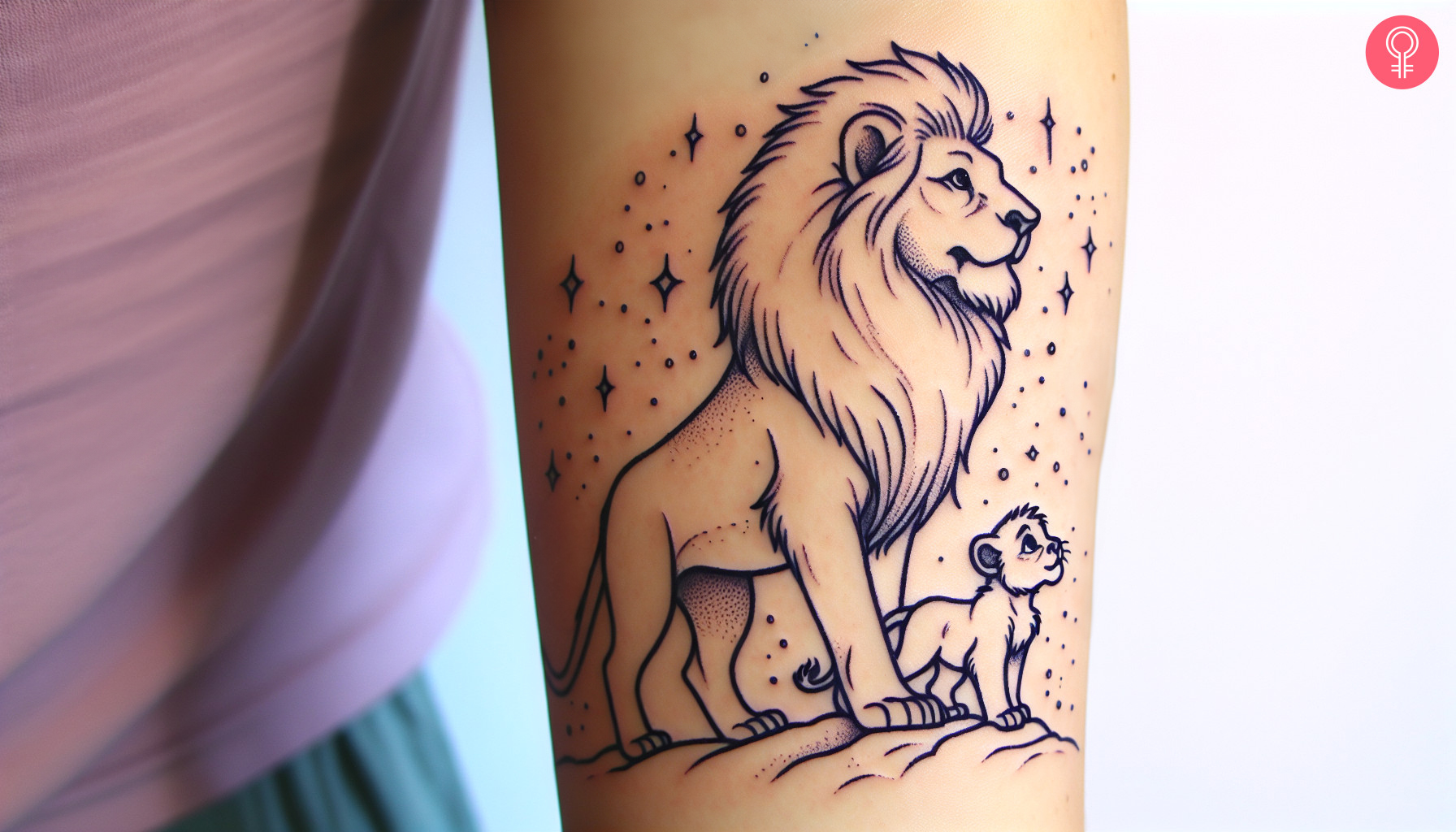 Woman with Mufasa and Simba tattoo on her arm