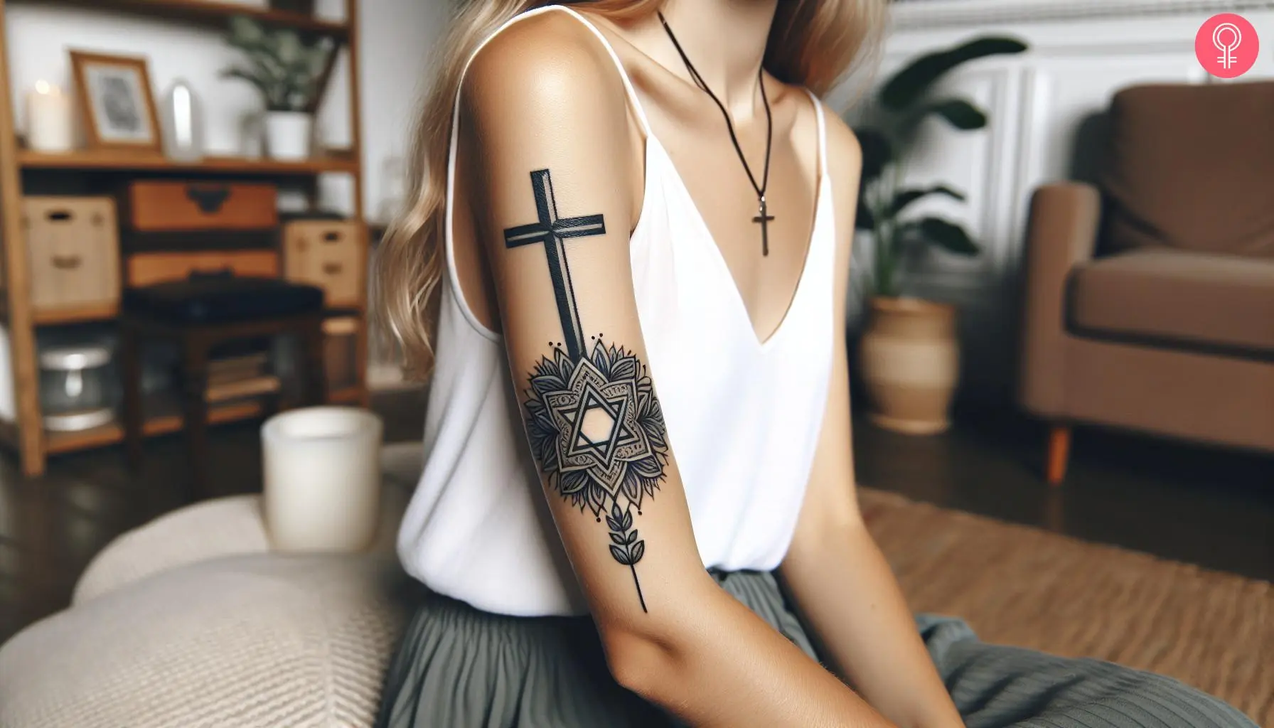 Woman with a Star Of David with a cross tattoo on the upper arm