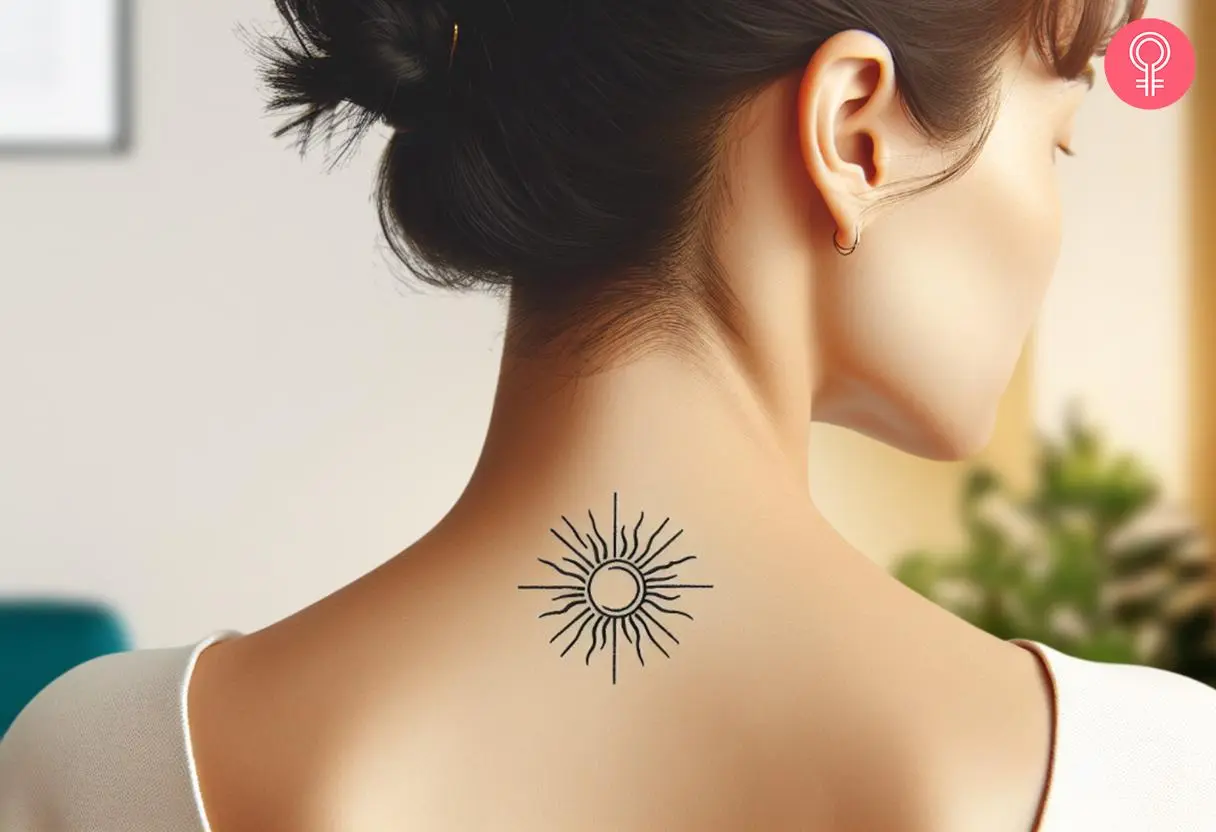 Woman with a fine line sun neck doodle