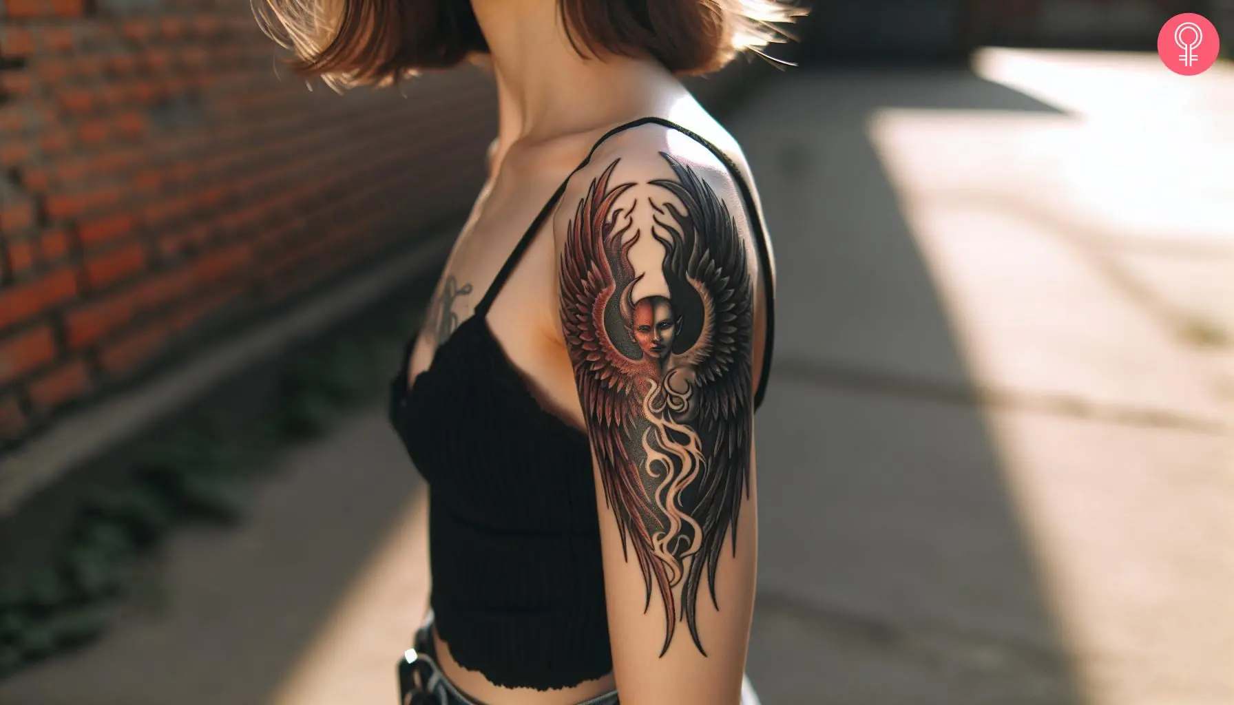 Woman with a half-angel, half-demon winged face tattoo