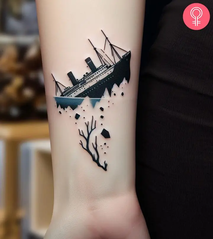 Woman with a minimalist shipwreck tattoo on the forearm