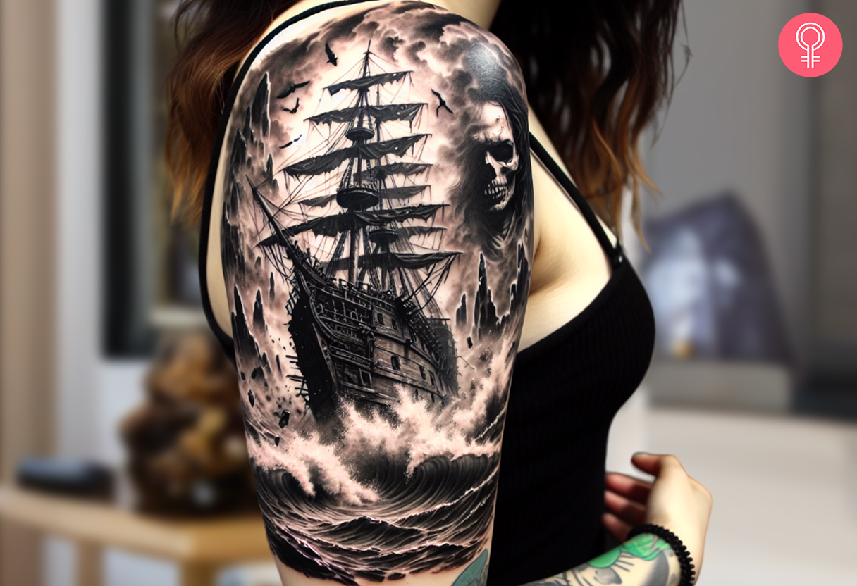 Woman with a pirate shipwreck tattoo on the upper arm