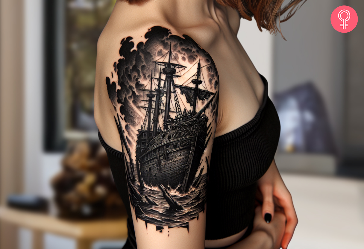 Woman with a shipwreck debris tattoo on the upper arm