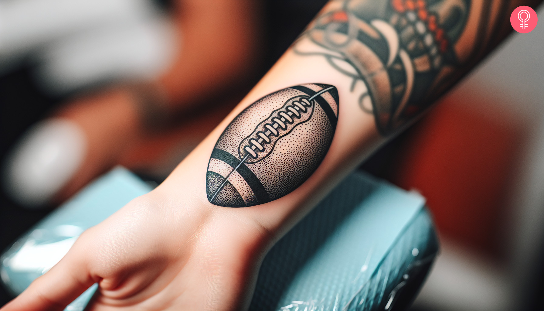 Woman with an American football wrist tattoo