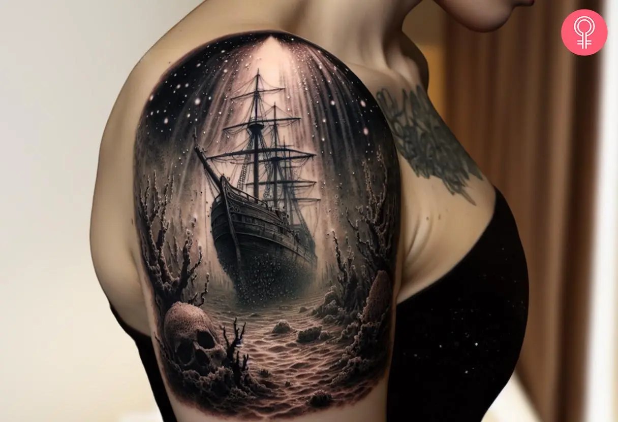 Woman with an underwater shipwreck tattoo on the upper arm