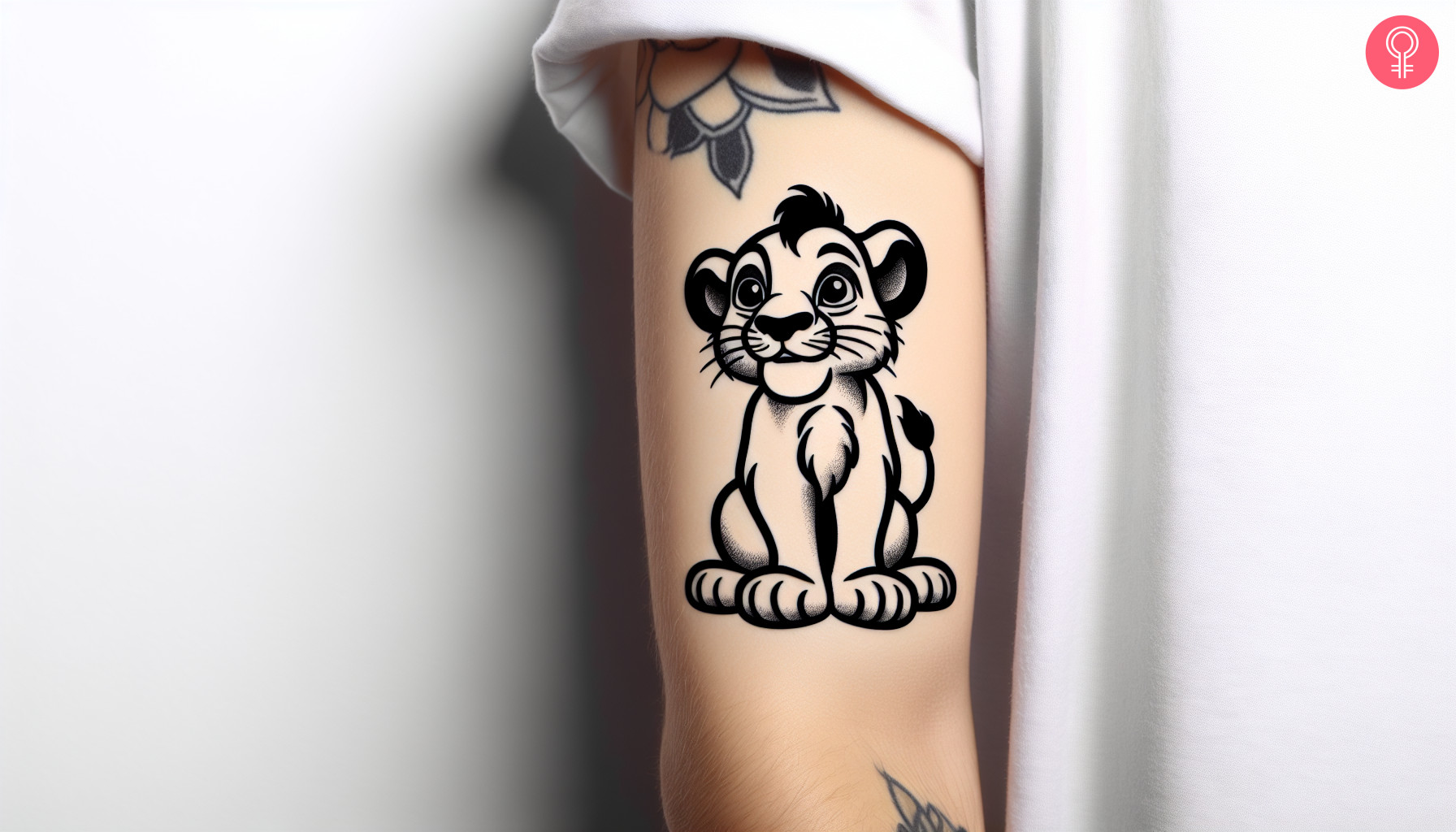 Woman with black and white Simba tattoo on her upper arm