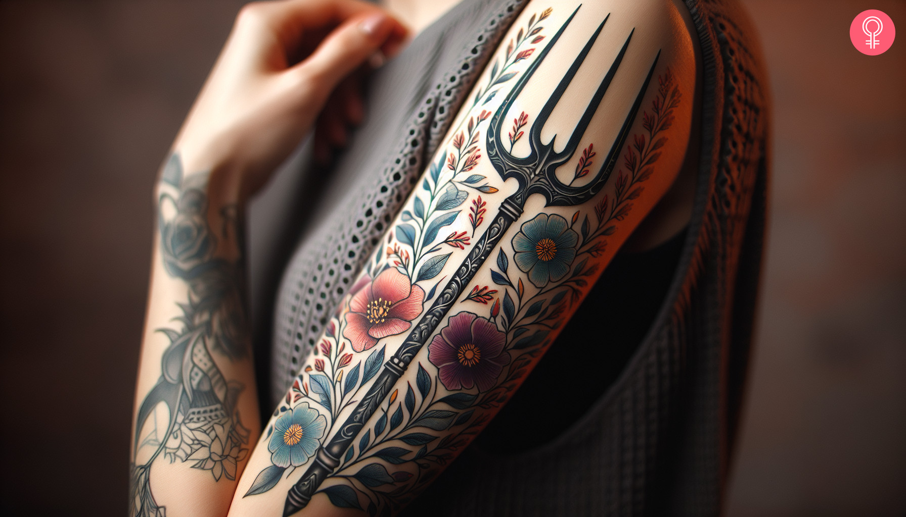 Woman with flower pitchfork tattoo on her arm