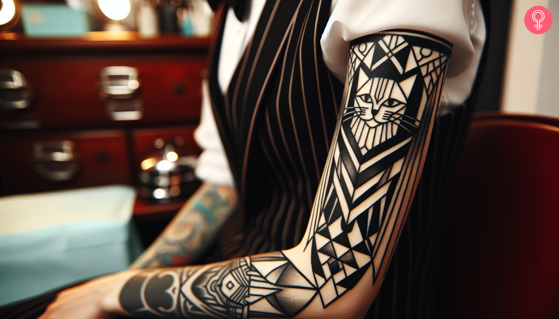 Woman with geometric art deco tattoo on her outer arm