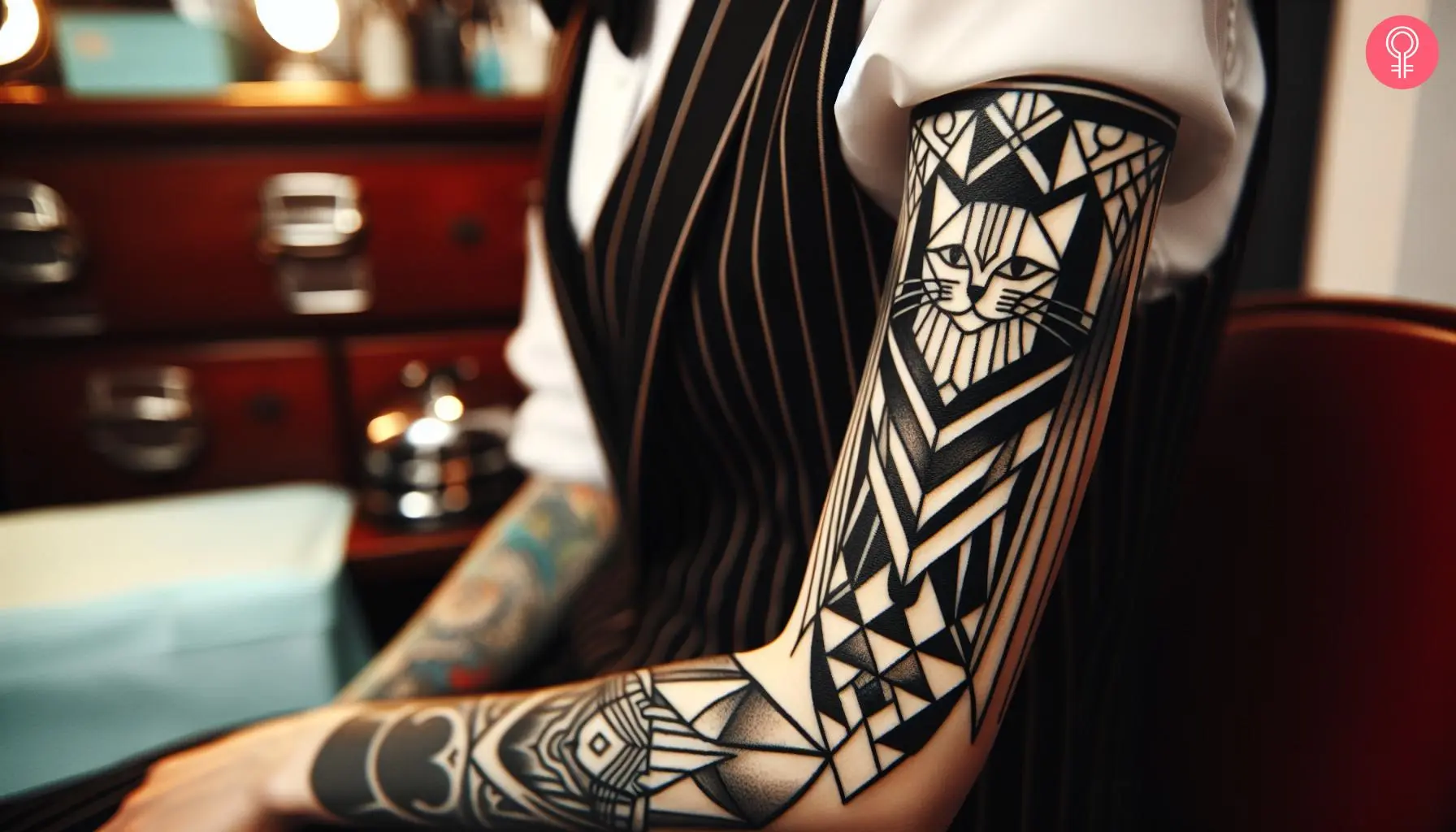 Woman with geometric art deco tattoo on her outer arm