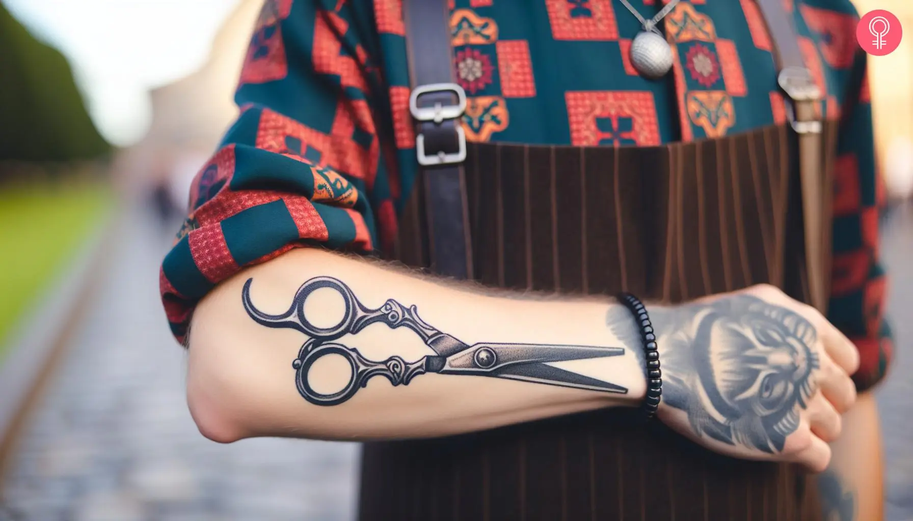 Woman with hairdresser scissors tattoo on her forearm