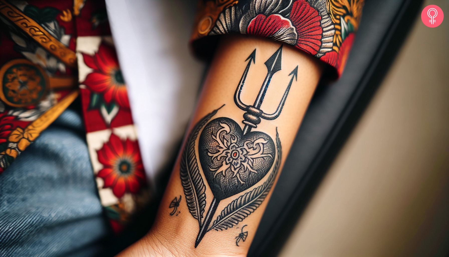 Woman with heart and pitchfork tattoo on her wrist