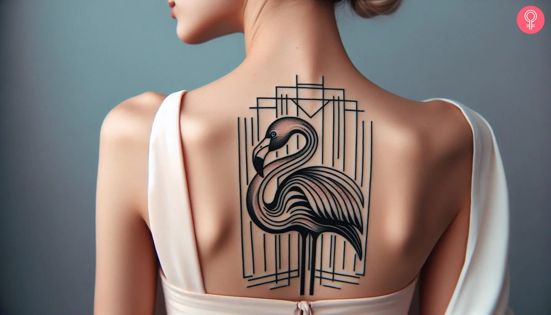 Woman with minimalist Art Deco tattoo on her upper back