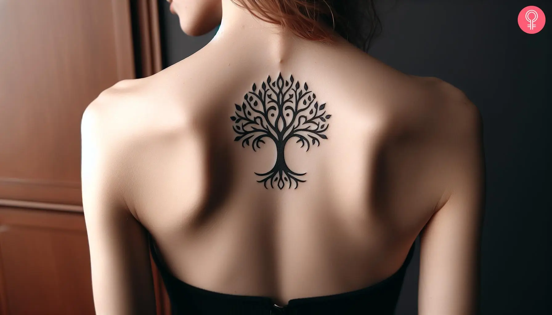 Woman with minimalist Lotr tattoo on her upper back