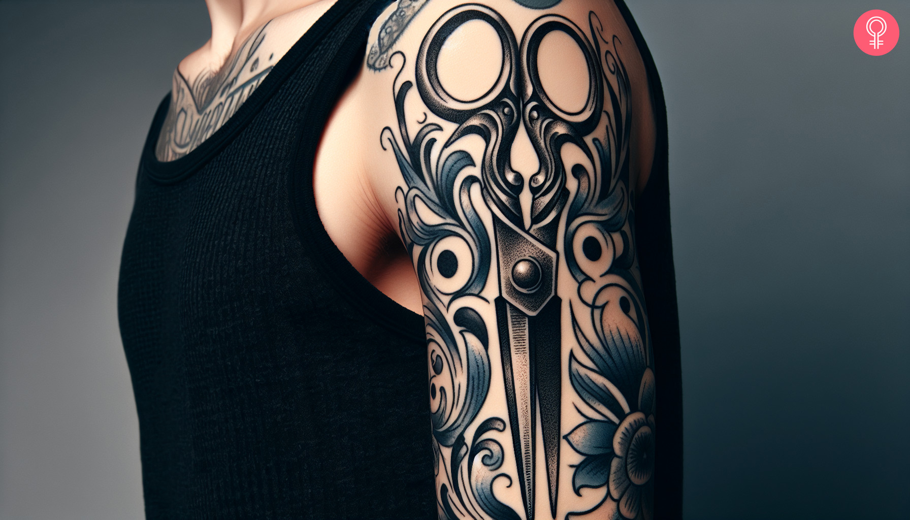 Woman with old school scissors tattoo on her upper arm