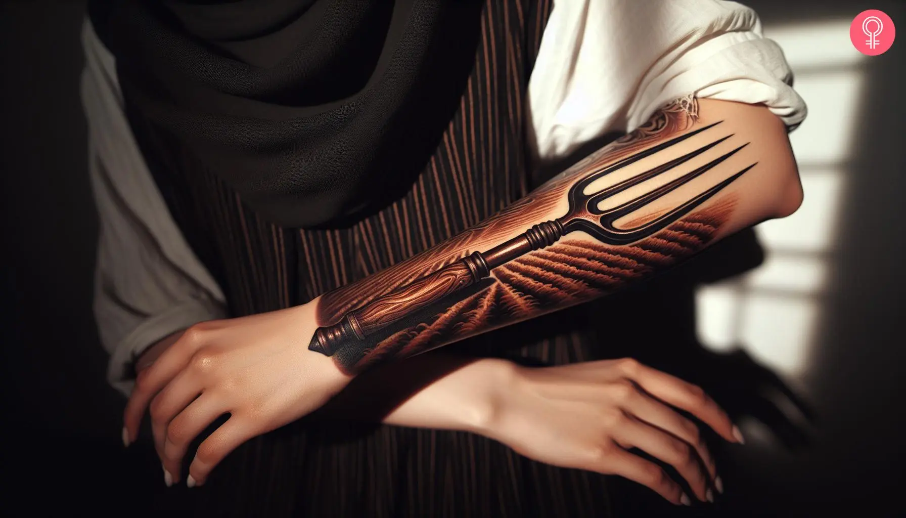 Woman with pitchfork tattoo on her forearm