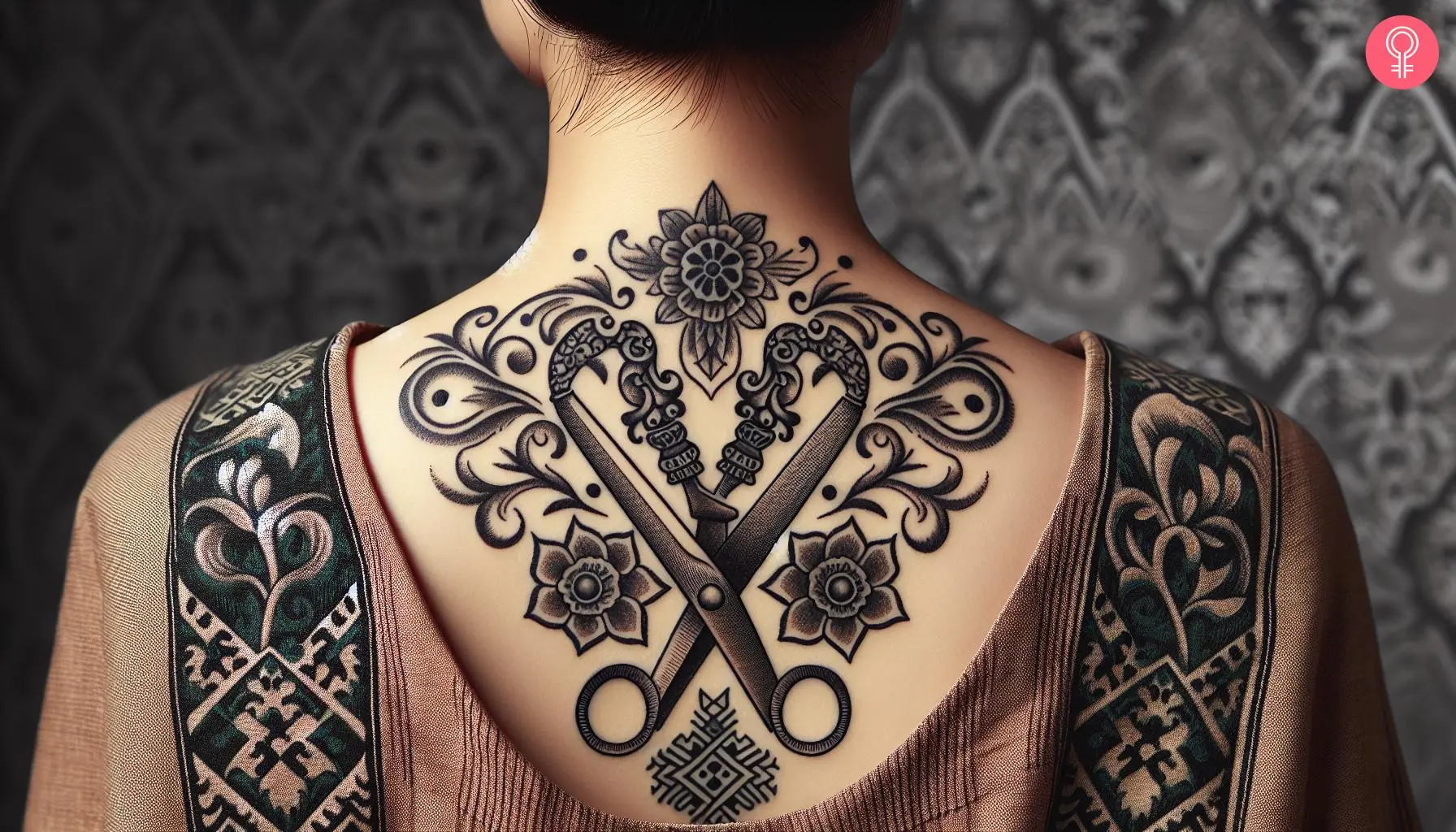 Woman with traditional scissors tattoo on her upper back