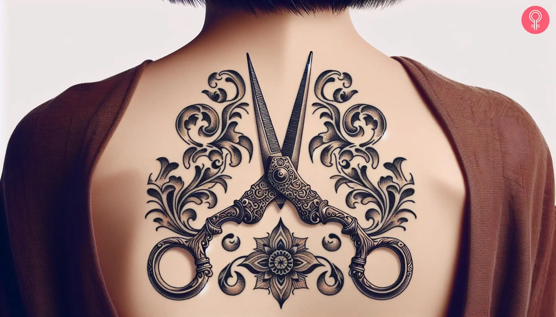 Woman with vintage scissors tattoo on her upper back