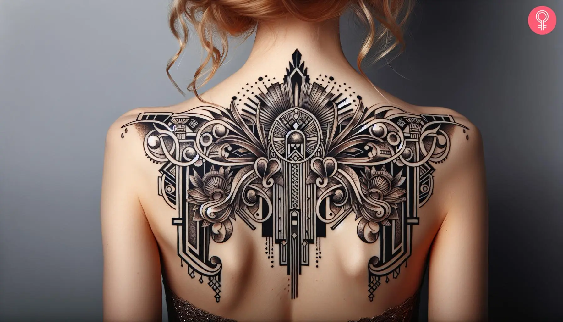 Woman with vintage style Art Deco tattoo on her upper back