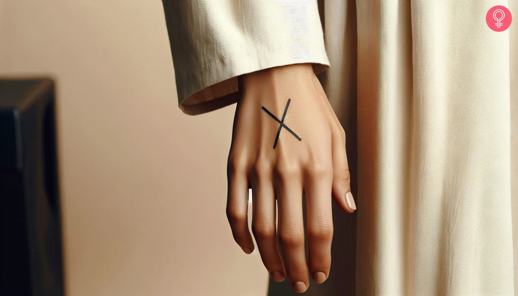 Woman with a X hand tattoo.