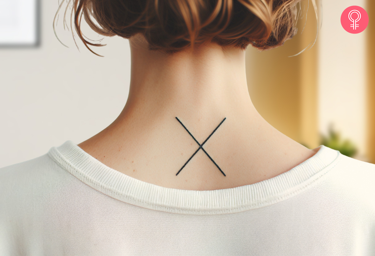 X tattoo at the back of a woman’s neck