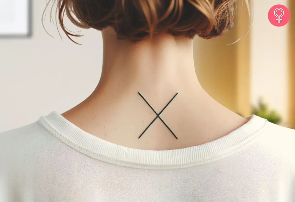 X tattoo at the back of a woman’s neck