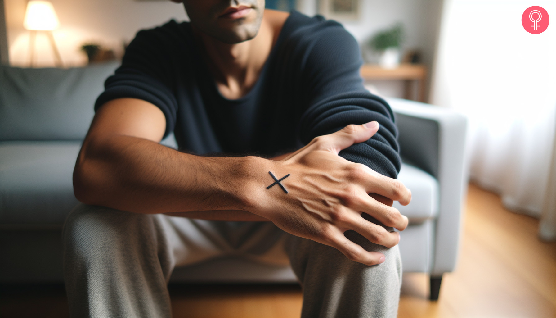 X tattoo on a man’s wrist.