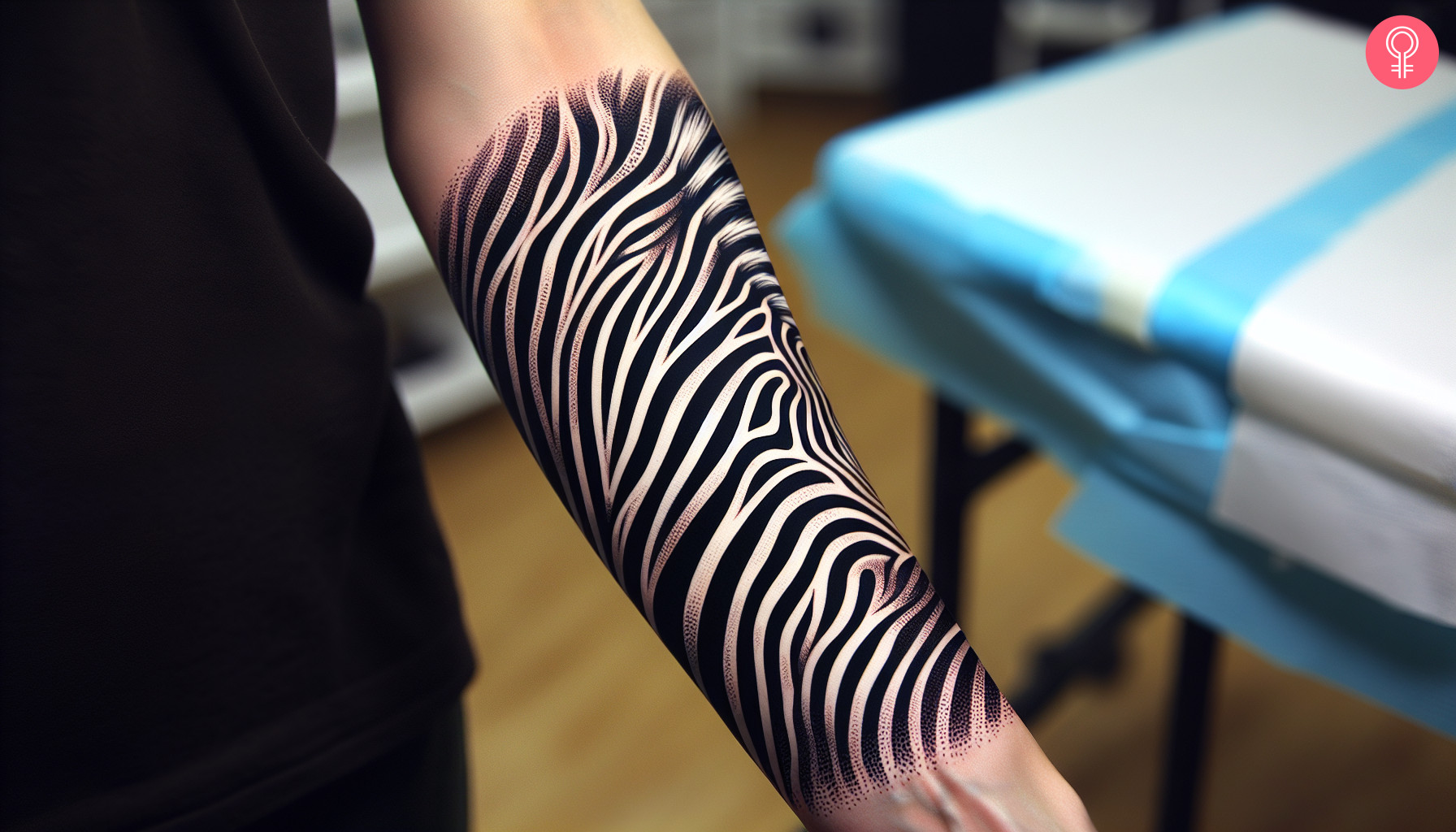 Zebra stripe tattoo on the forearm of a woman