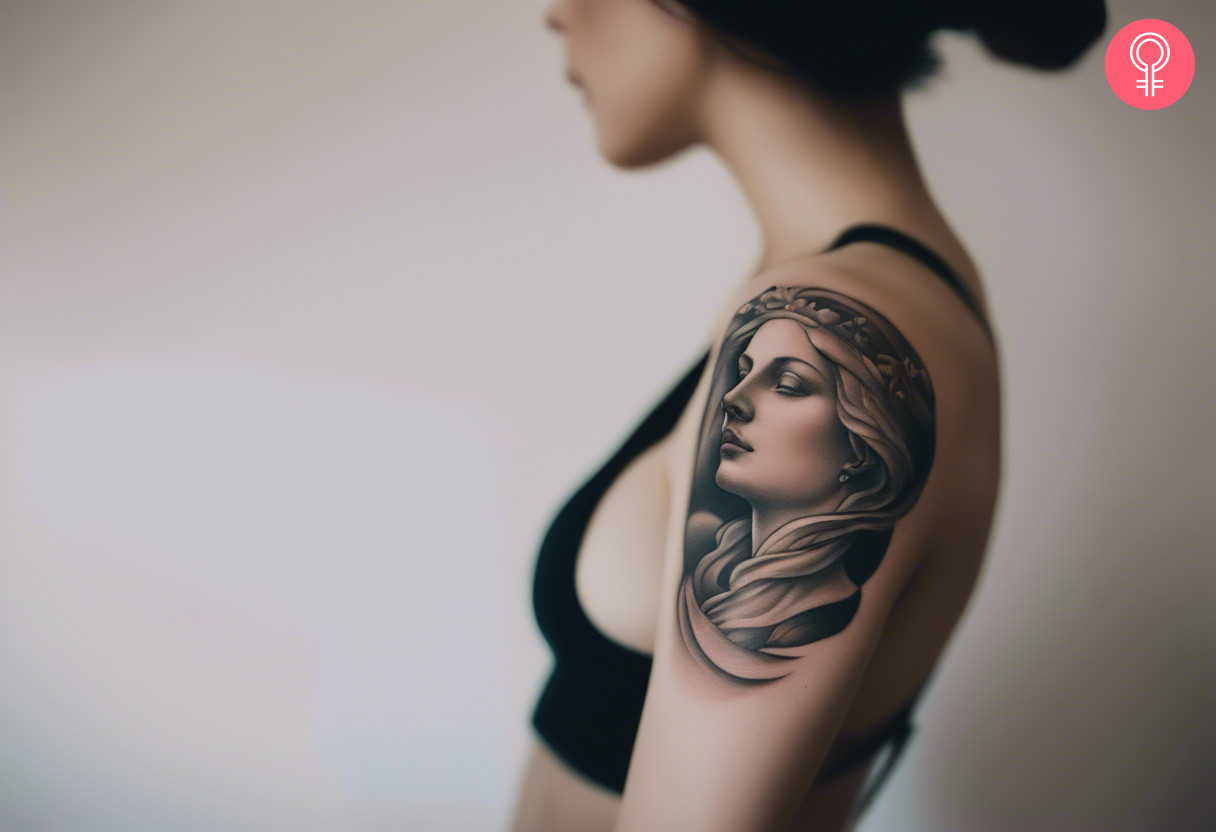 venus statue tattoo on a woman’s shoulder