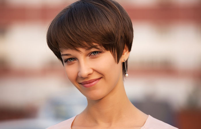 A woman with a Korean mushroom haircut