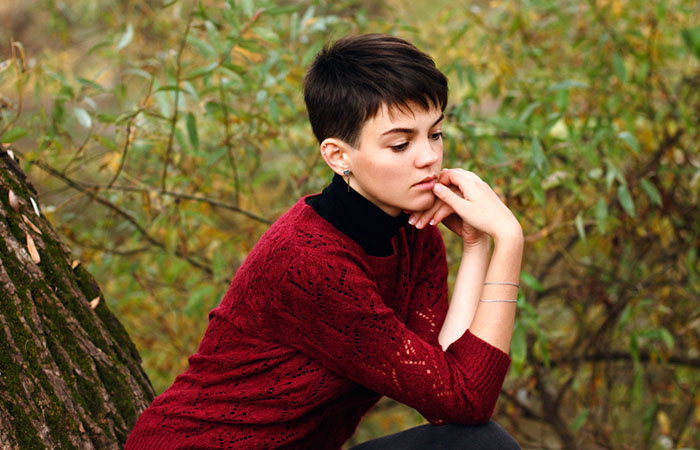 A woman with a mushroom cap haircut