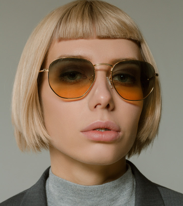 Woman with a blond pageboy haircut