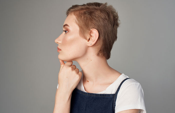 Woman with a short hair pixie cut volleyball hairstyle