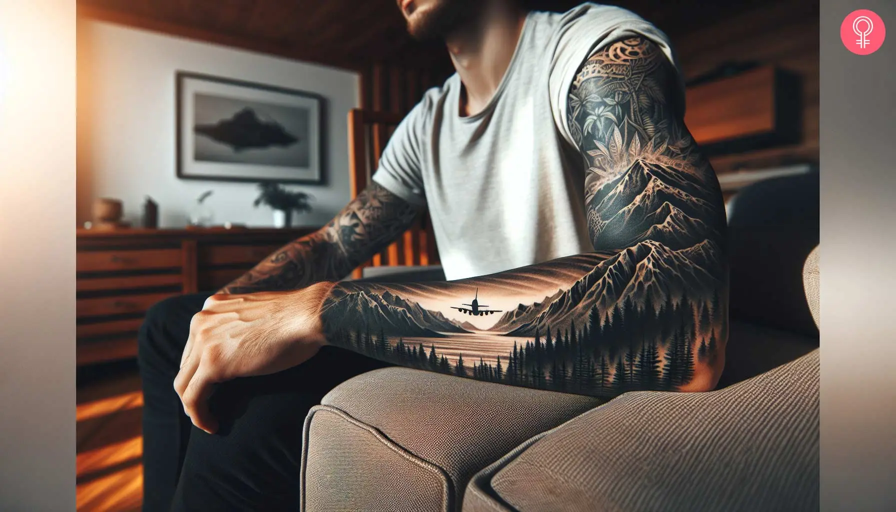 A beautiful landscape tattoo of a river with mountains and a plane in flight