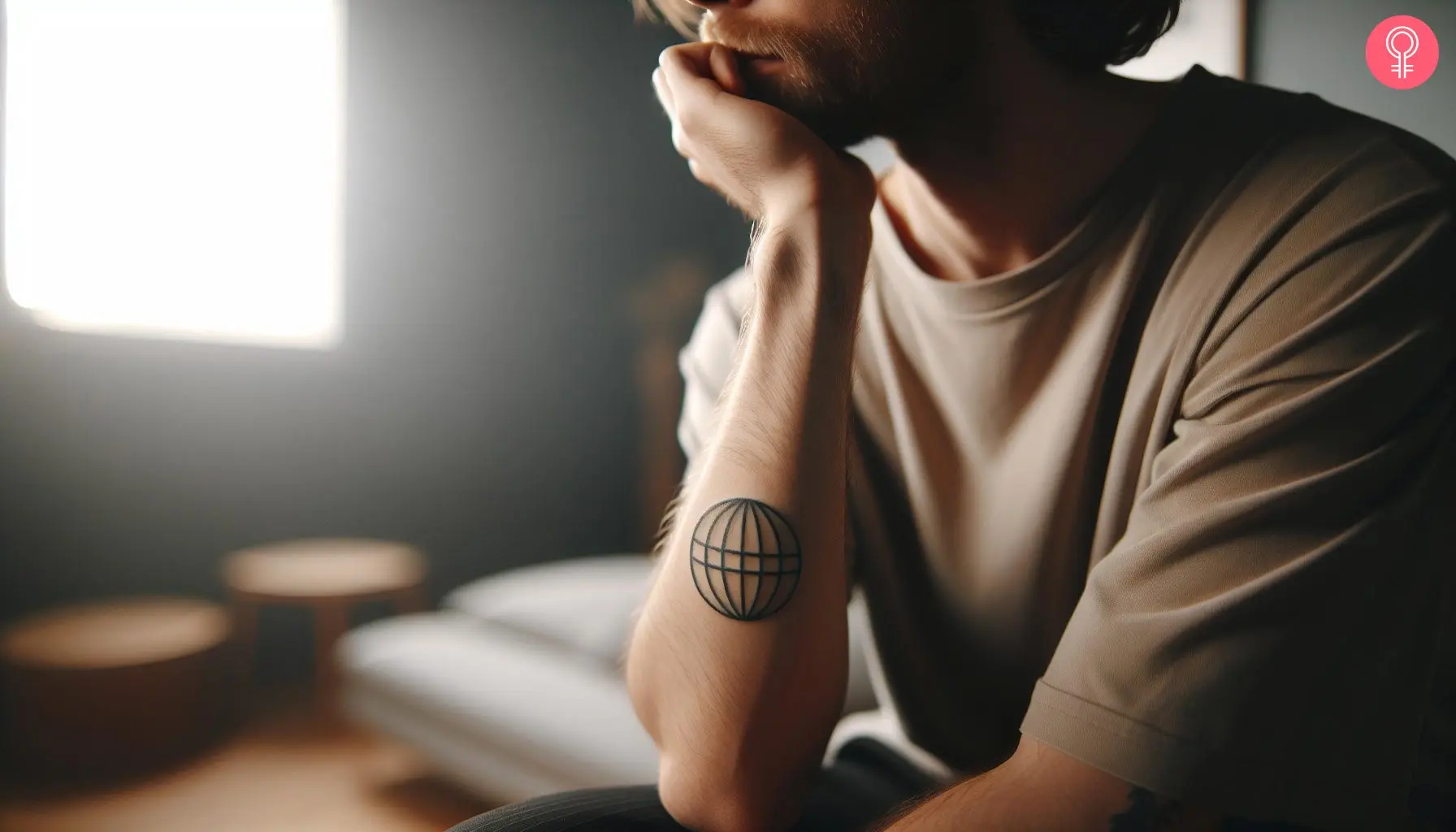 A globe tattoo with latitudes and equator marked in lines