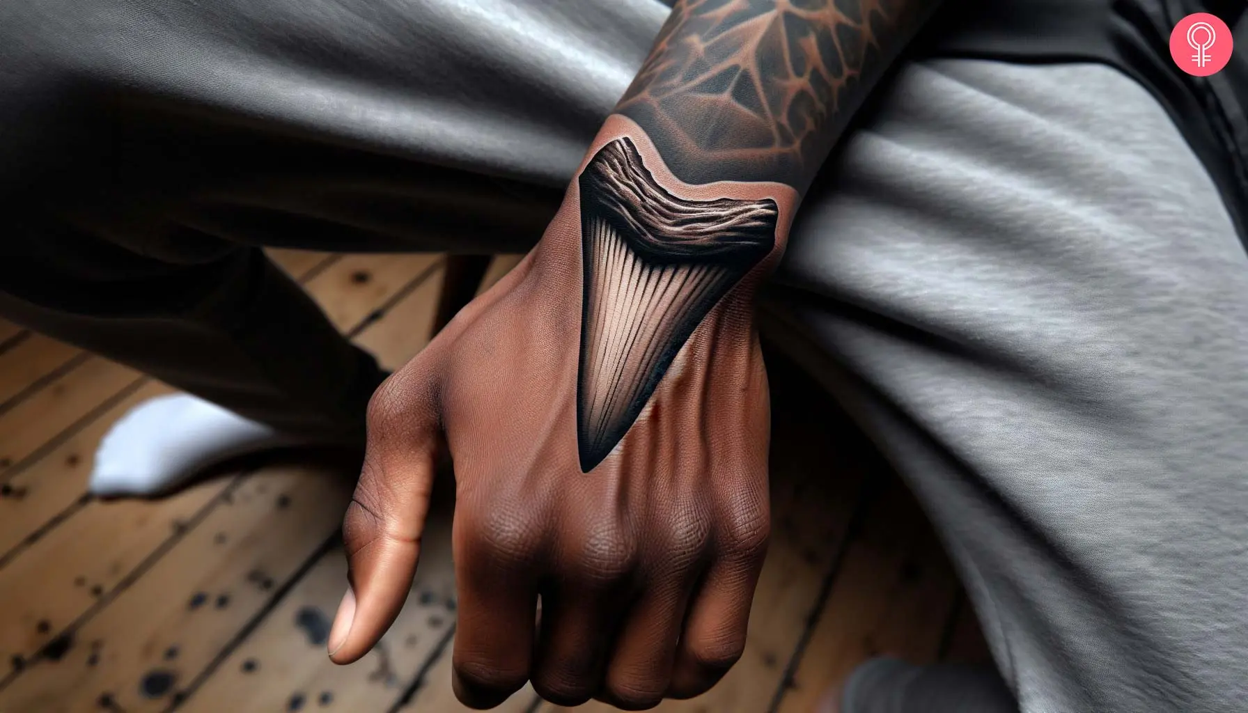 A large realistic shark tooth tattoo on the back of the hand