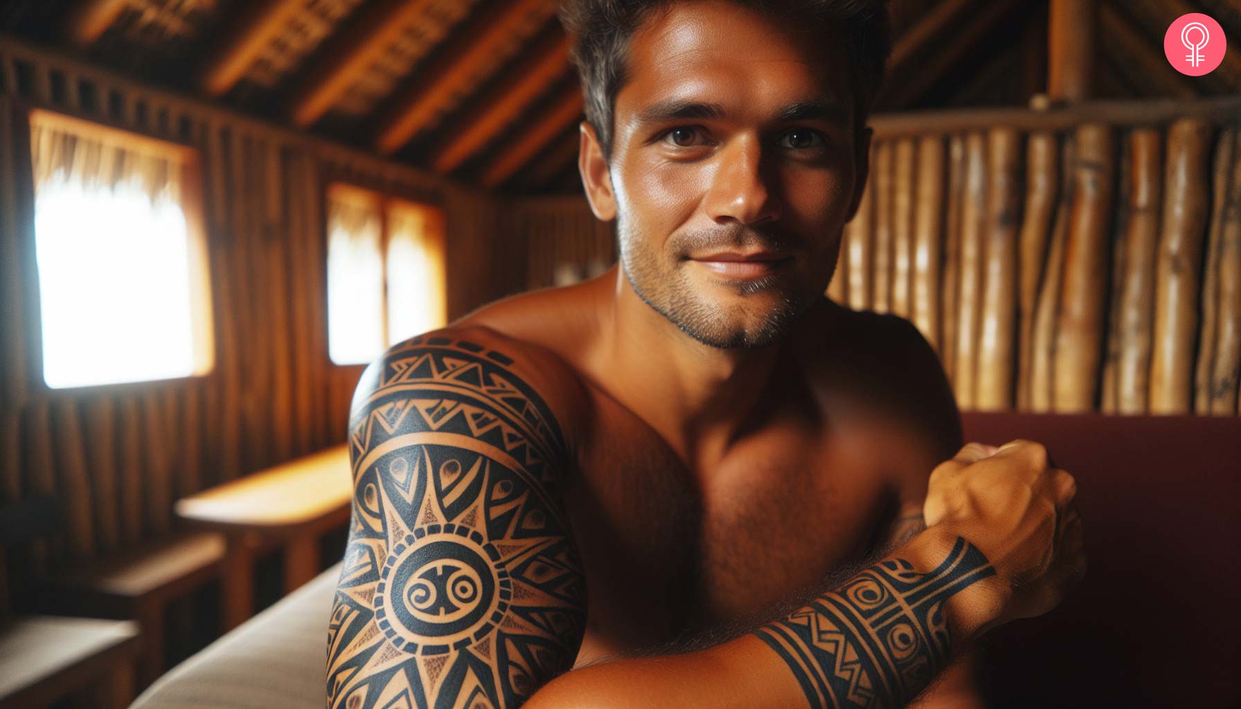 A man wearing a tribal sun tattoo on his bicep