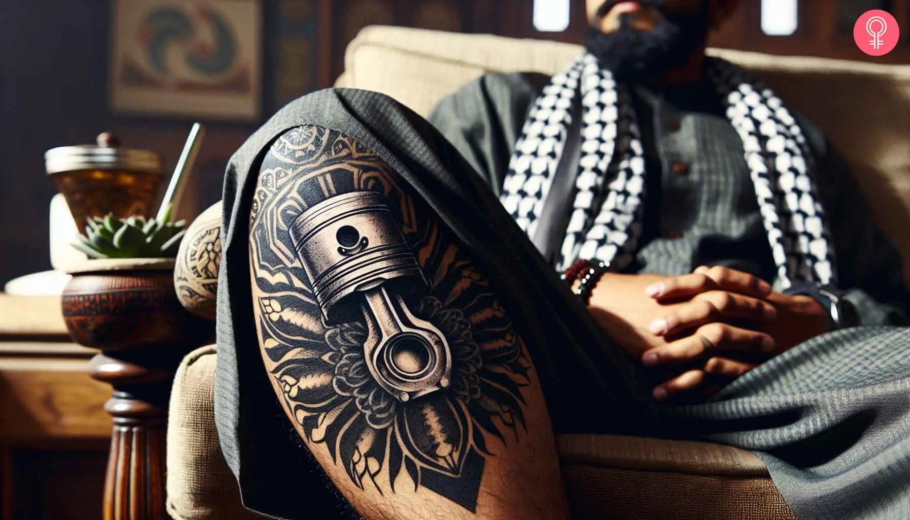 A man with an engine piston tattoo on his knee