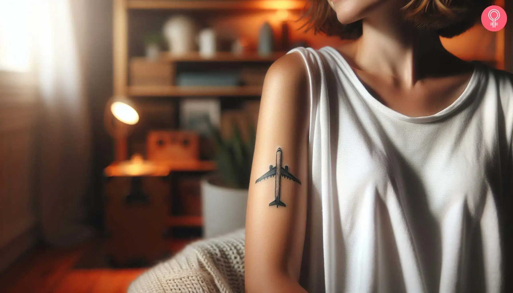 A minimalist airplane tattoo on the bicep