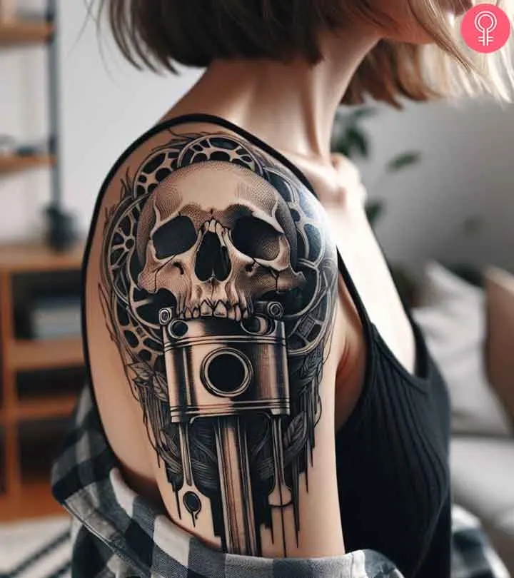 A piston tattoo on a woman’s arm